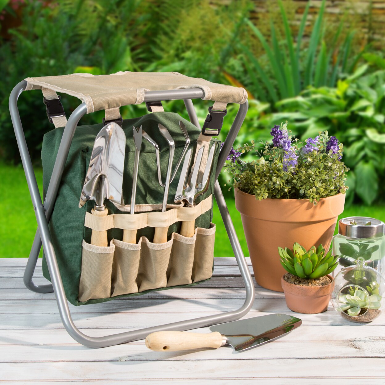 Pure Garden Folding Stool With Detachable Tool Bag And 5 Gardening Tools