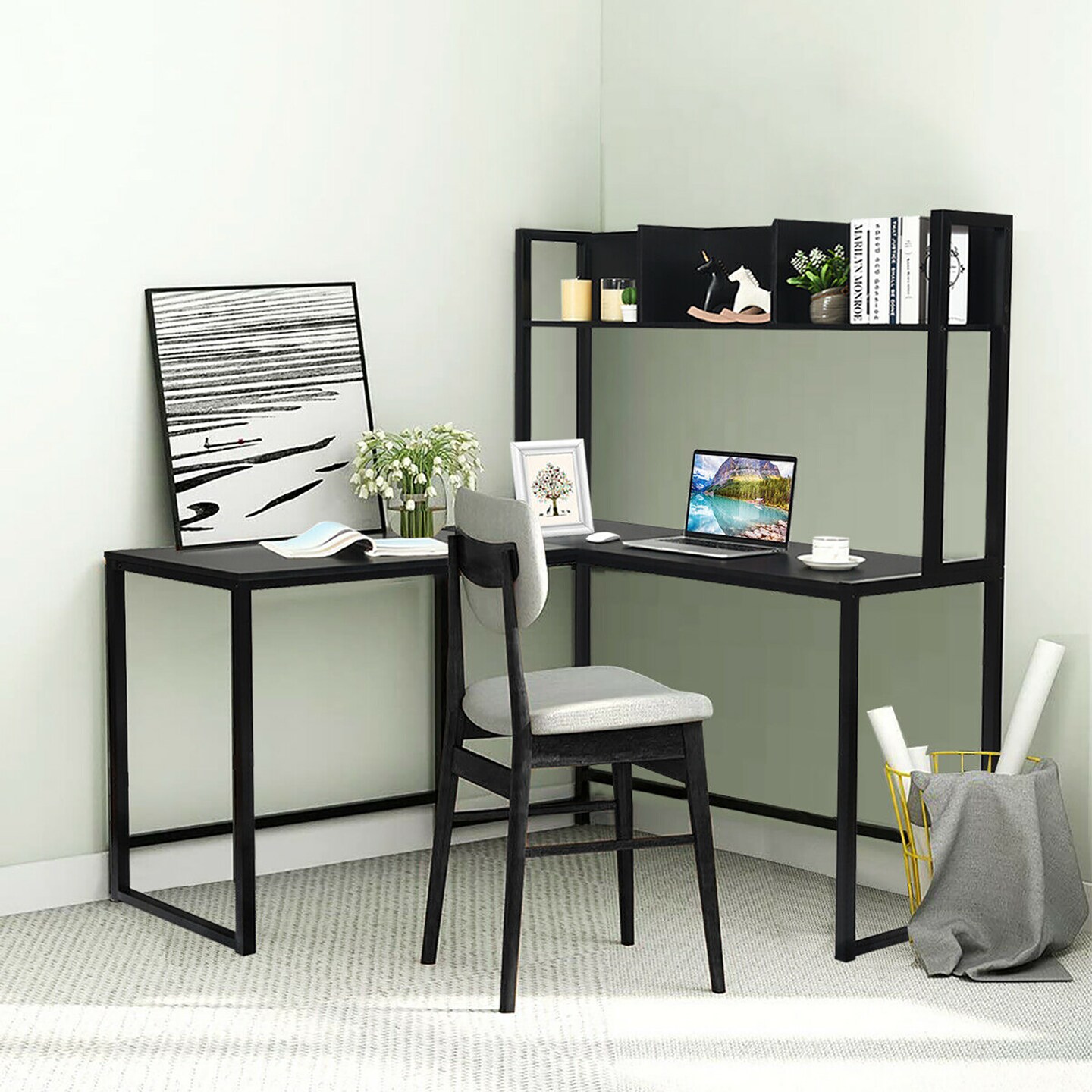 Costway 55'' L-Shaped Desk Corner Computer Desk w/Hutch Black