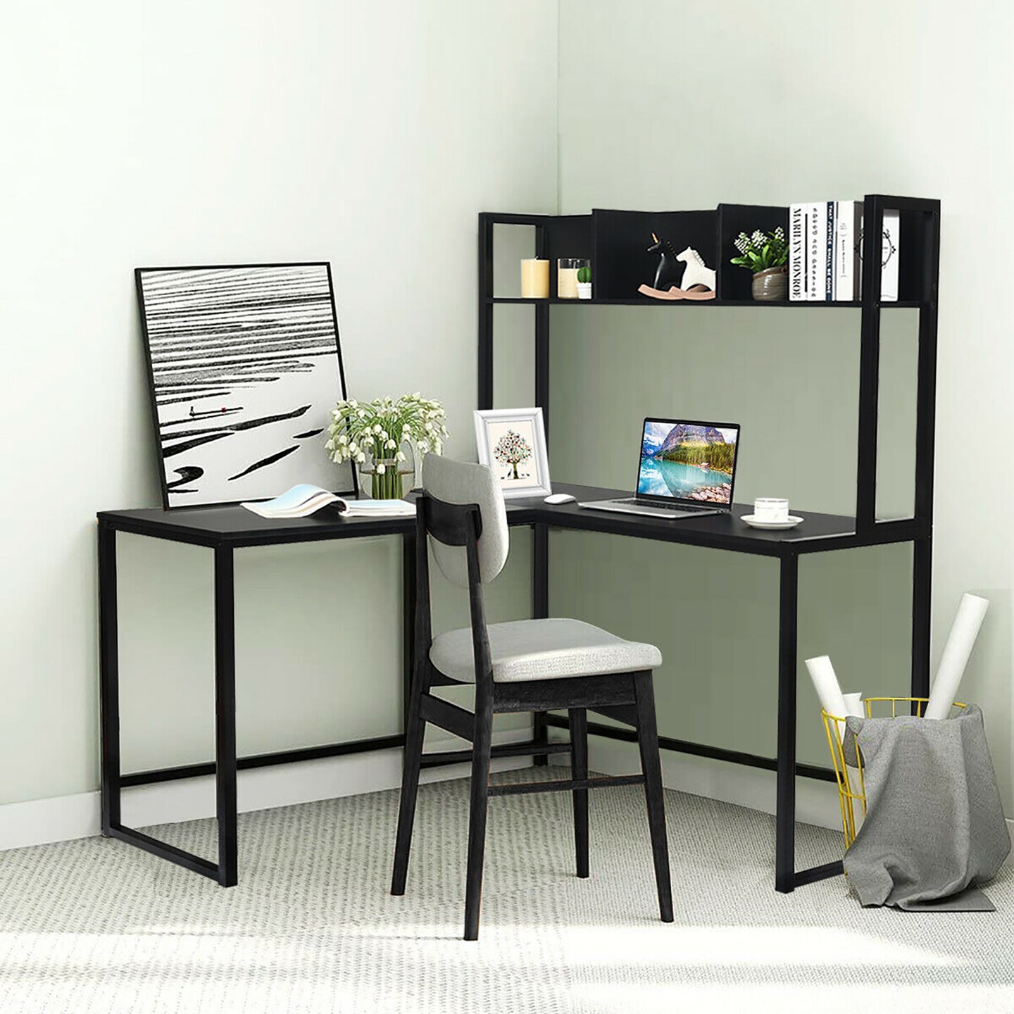 Costway 55&#x27;&#x27; L-Shaped Desk Corner Computer Desk w/Hutch Black