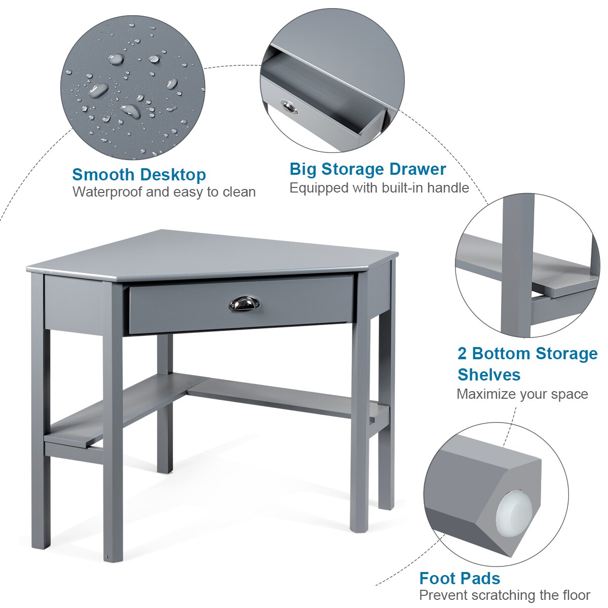 Costway Triangle Computer Desk Corner Office Desk Laptop Table w/ Drawer Shelves Rustic Grey