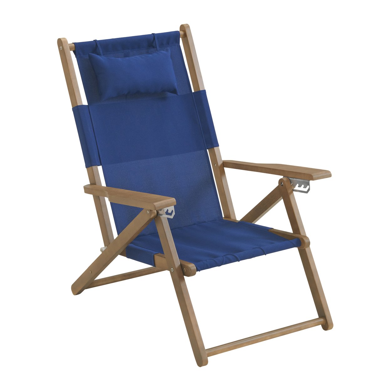 Wood Folding Beach Chair Blue 4-Position Reclining Weather-Resistant Eucalyptus