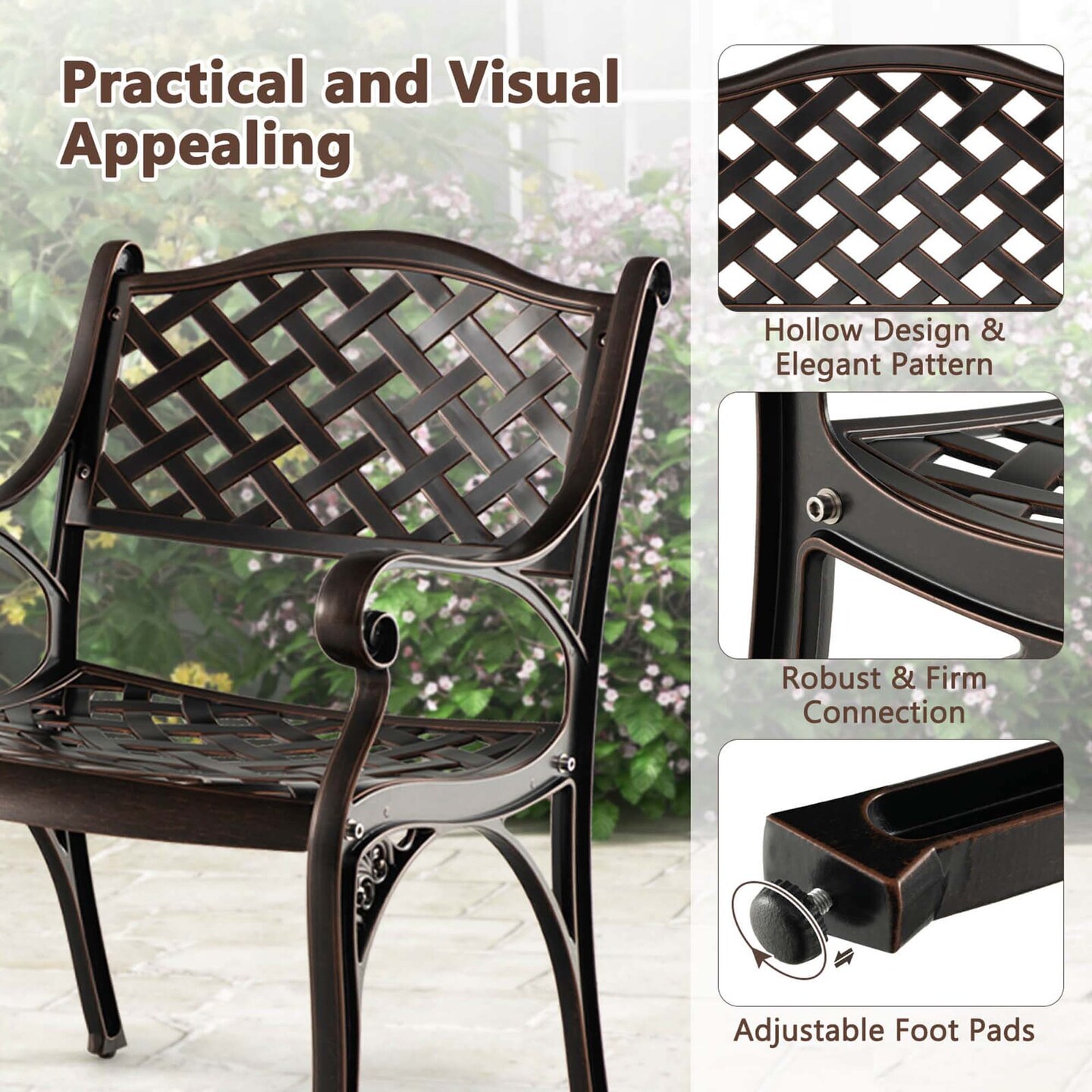 Costway 2/4 PCS Cast Aluminum Patio Chairs Set of 2 All Weather Outdoor Dining Chairs with Armrests Bronze