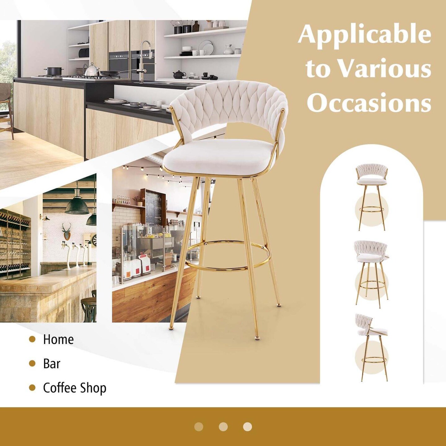 Costway 4 PCS Velvet Bar Stool 29" Bar Height Stools with Woven Backrest & Gold Metal Legs Grey/Beige