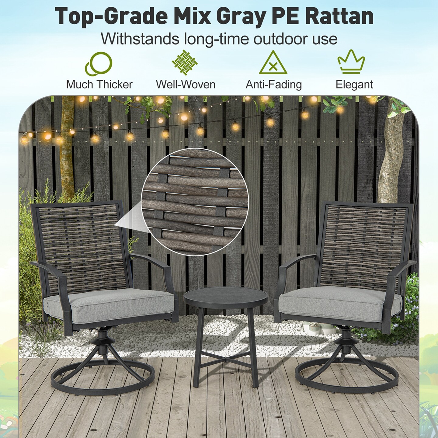 Costway 3 PCS Patio Swivel Chair Set Coffee Table Wicker Cushioned Seat Balcony Porch