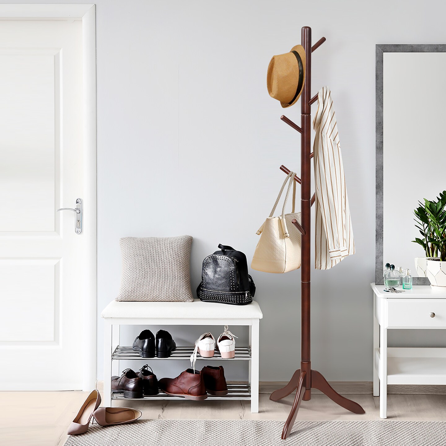Costway Wooden Coat Rack Stand Entryway Hall Tree 2 Adjustable Height w/ 8 Hooks Gray\Brown