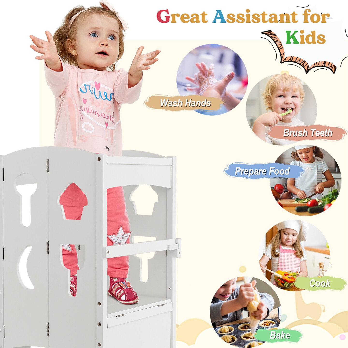 Costway Folding Kitchen Kids Step Ladder Stool Wooden Toddler Safety Tower Helper Coffee/White