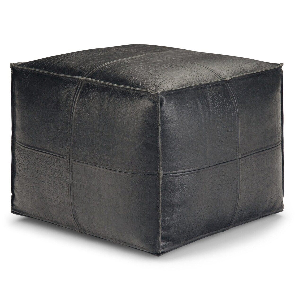 Simpli Home Bowen Square Pouf Footstool Upholstered Leather, Kids Room Boho