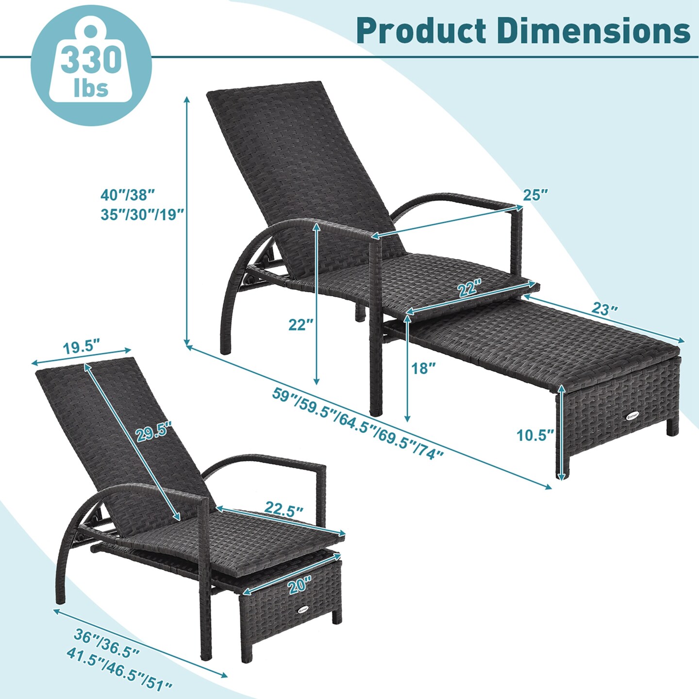 Costway Patio Wicker Elastic Sponge Lounge Chair Back Adjustable with Retractable Ottoman