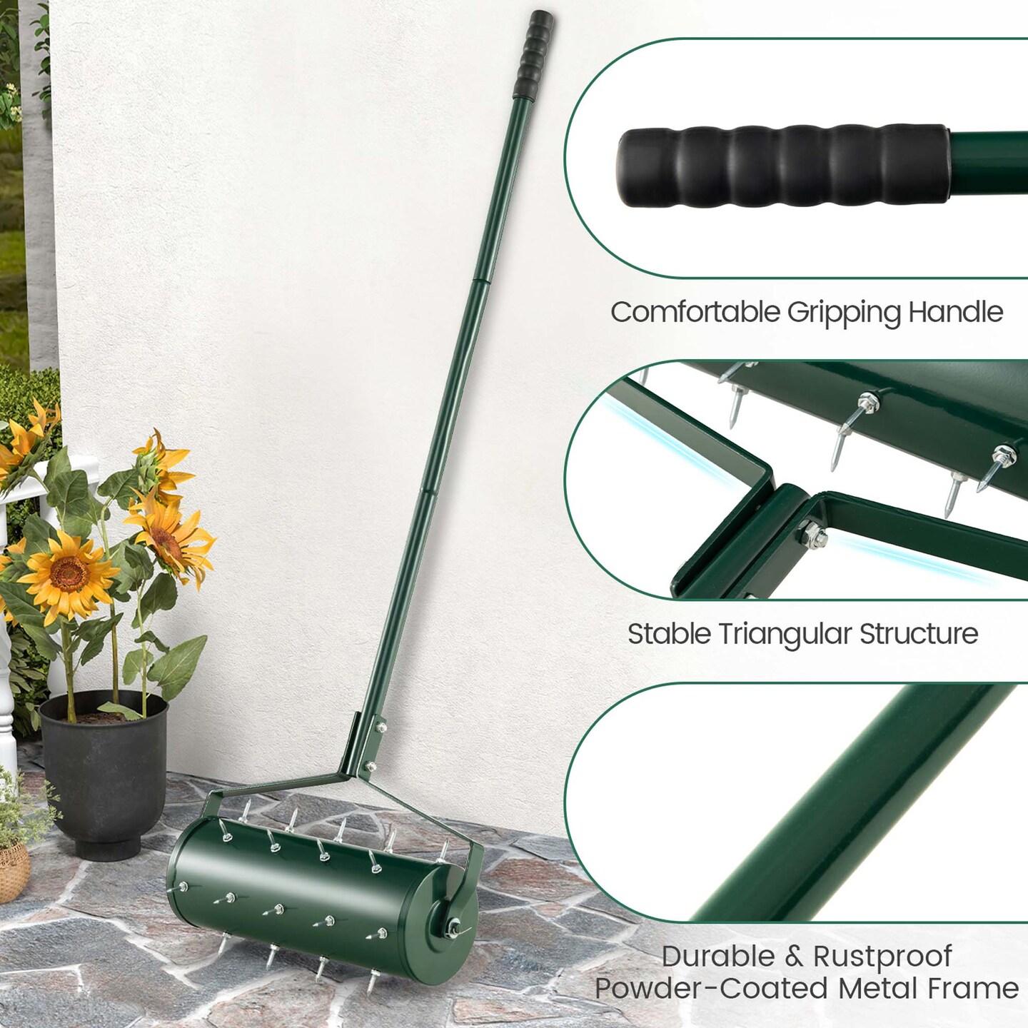 Costway 18&#x22;/21&#x22; Manual Lawn Aerator Heavy Duty Rolling Push Grass Filled with Sand or Stone Aeration Tool with Handle Green