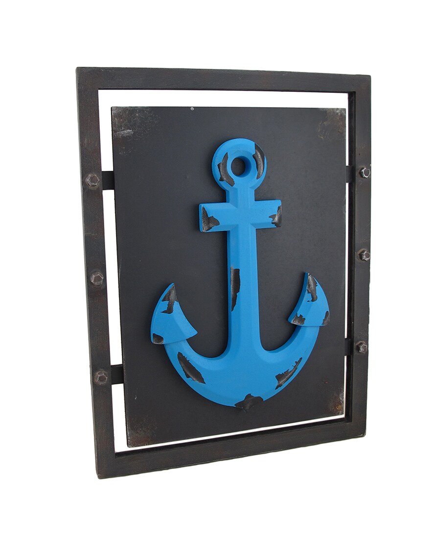 Distressed Finish Blue Nautical Anchor on Panel Wall Hanging