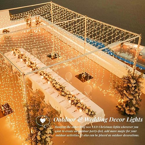 168FT 600 LED Christmas Lights Outdoor Waterproof 8 Modes Indoor Christmas String Lights Warm White Christmas Tree Lights Plug in for Room Bedroom Wedding Party Holiday Decorations.