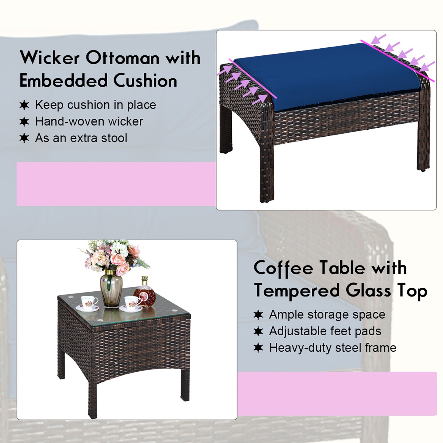 Costway 5 PCS Patio Rattan Wicker Furniture Set Sofa Ottoman Coffee Table Cushioned