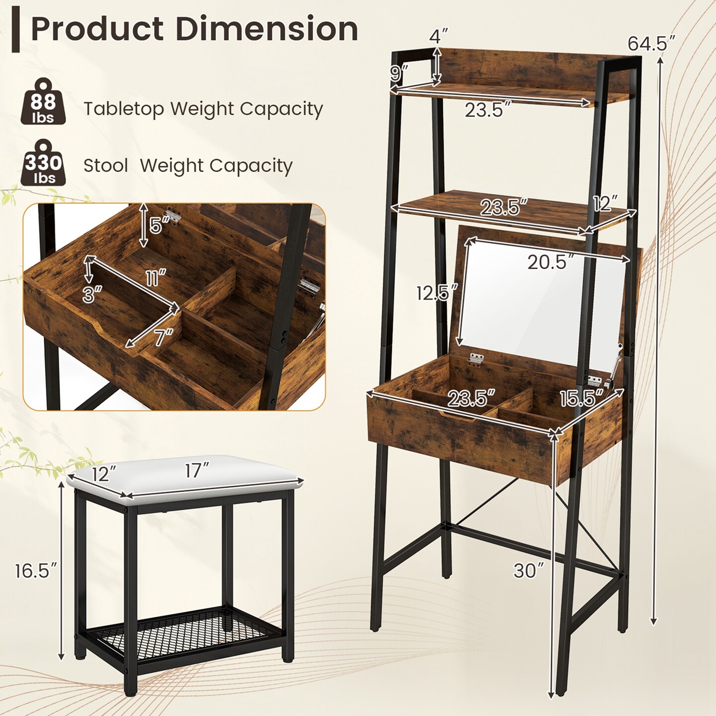 Costway Vanity Table Set Flip Top Mirror Ladder Storage Shelf Cushioned Stool Rustic