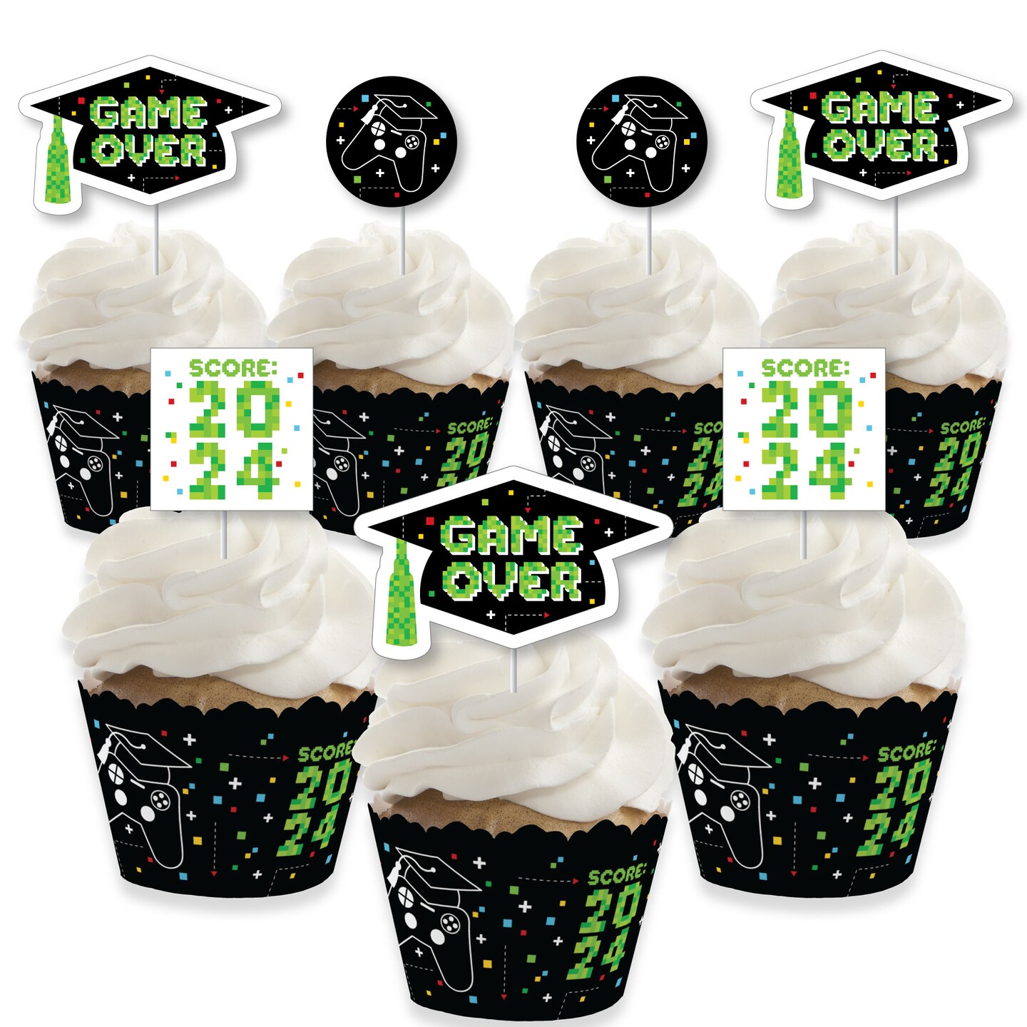 Big Dot of Happiness Game Over - Cupcake Decoration - Video Game Graduation Party Cupcake Wrappers and Treat Picks Kit - Set of 24