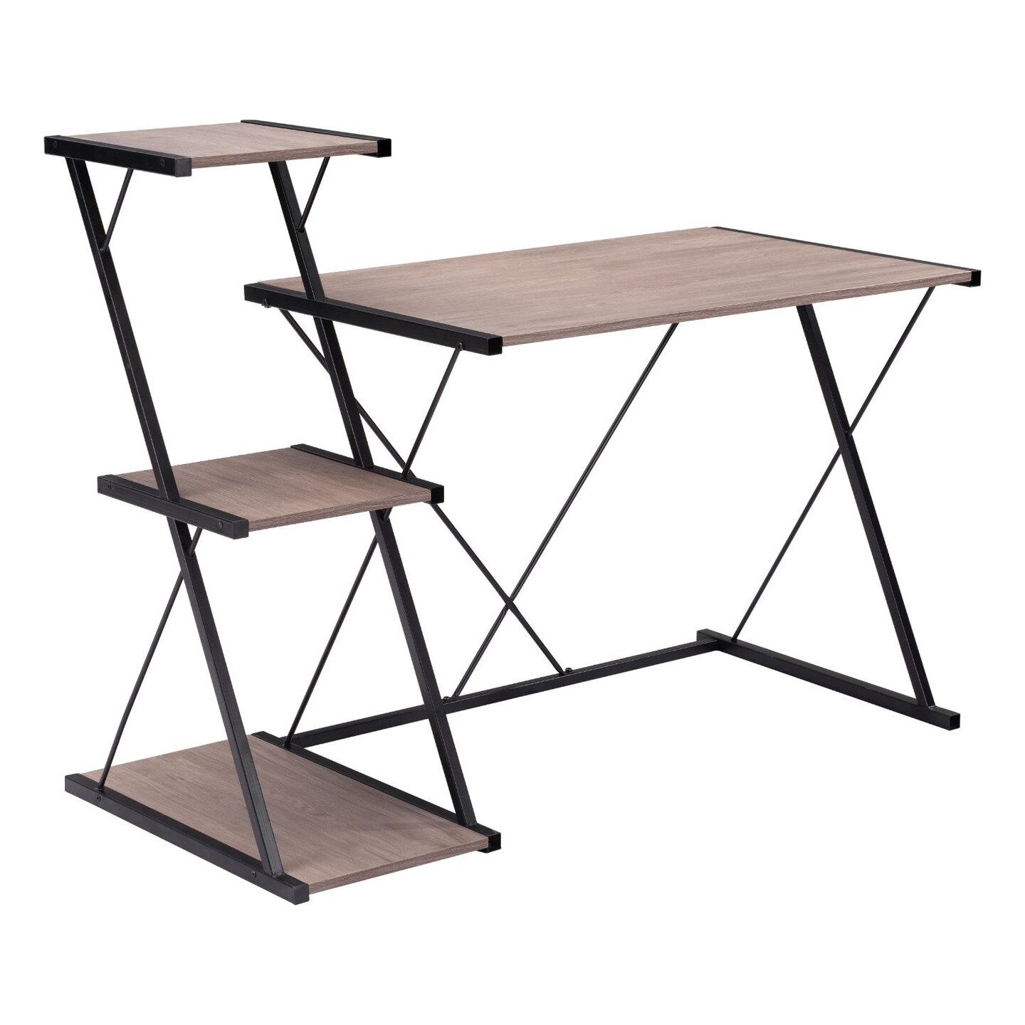 Modern Home 51.25" Brown and Black Office Desk with 3 Shelves