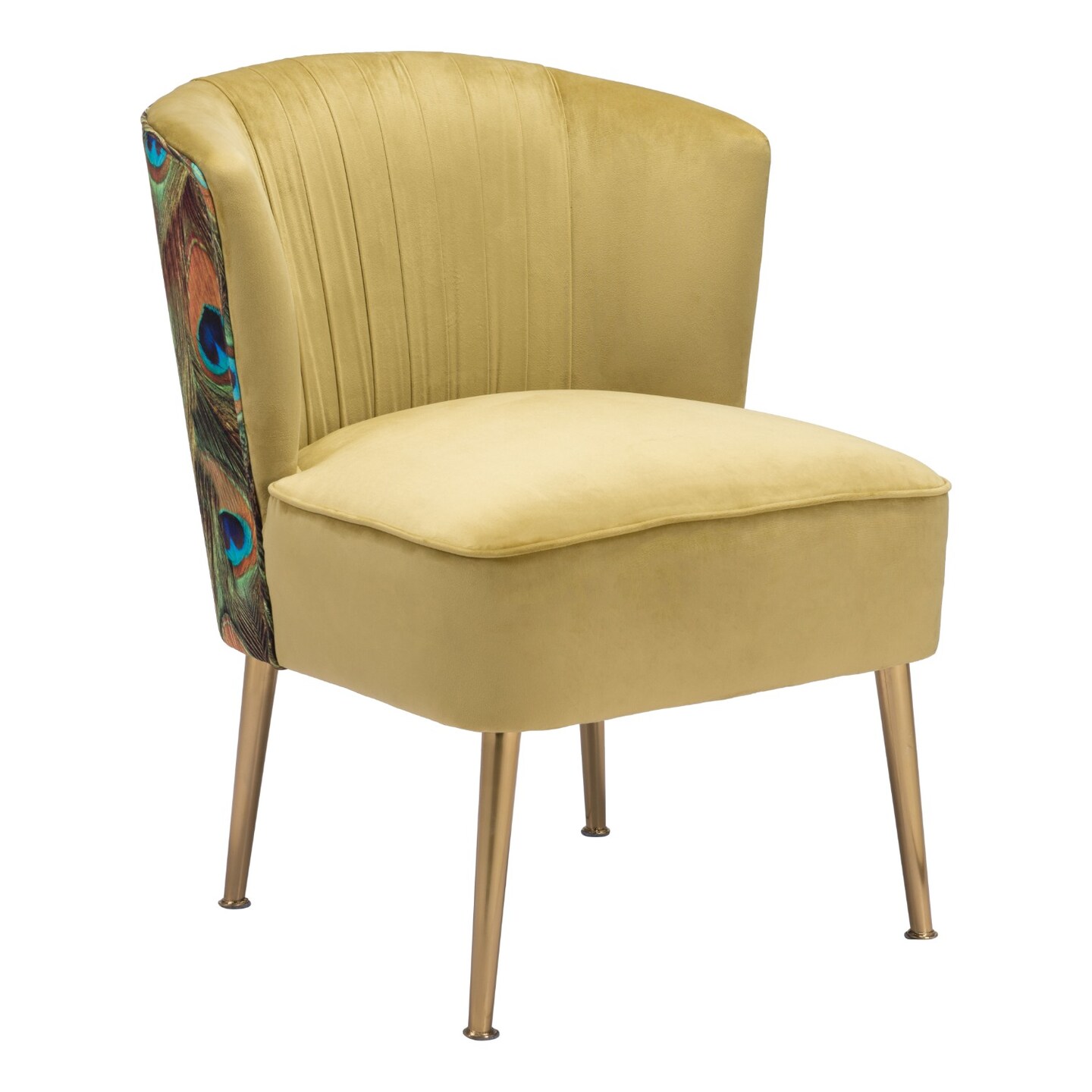 Modern Home 32.25&#x22; Yellow and Gold Peacock Print Upholstered Arm Chair