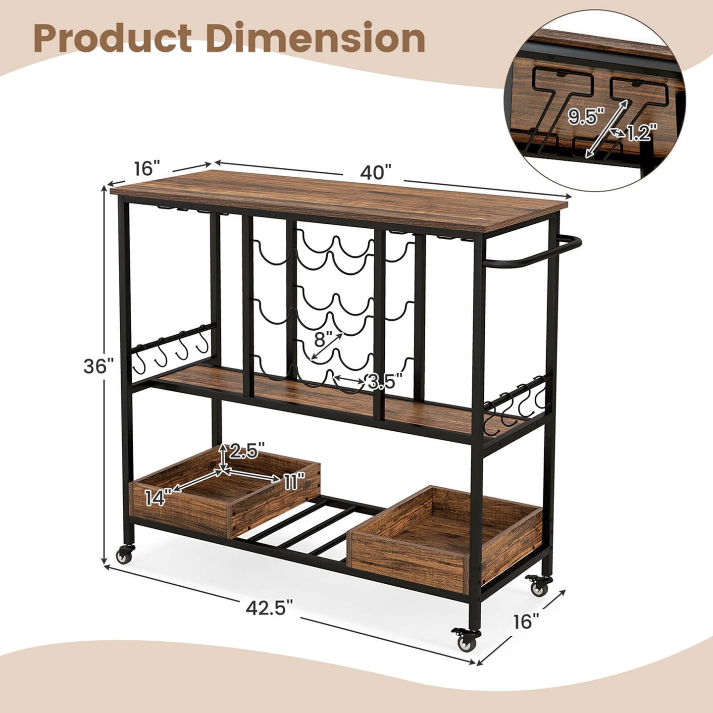 Costway 3 Tiers Bar Cart Home Serving Cart on Wheels with Glass Racks Wine Holders Rustic Brown/Vintage Brown