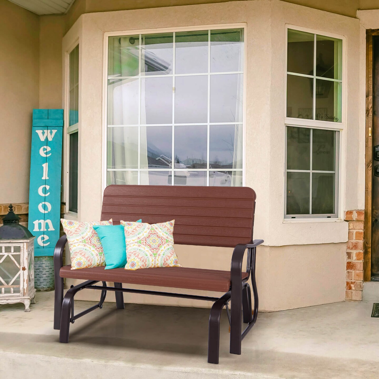 Costway Outdoor Patio Swing Porch Rocker Glider Bench Loveseat Garden Seat Steel New Borwn/Green
