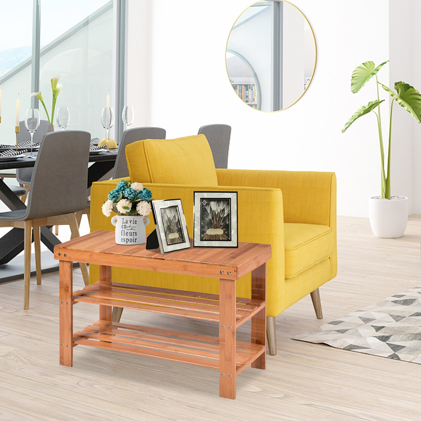 3-Tier Wicker Slatted Shoe Bench Holds up to 6 Pairs for Entryway