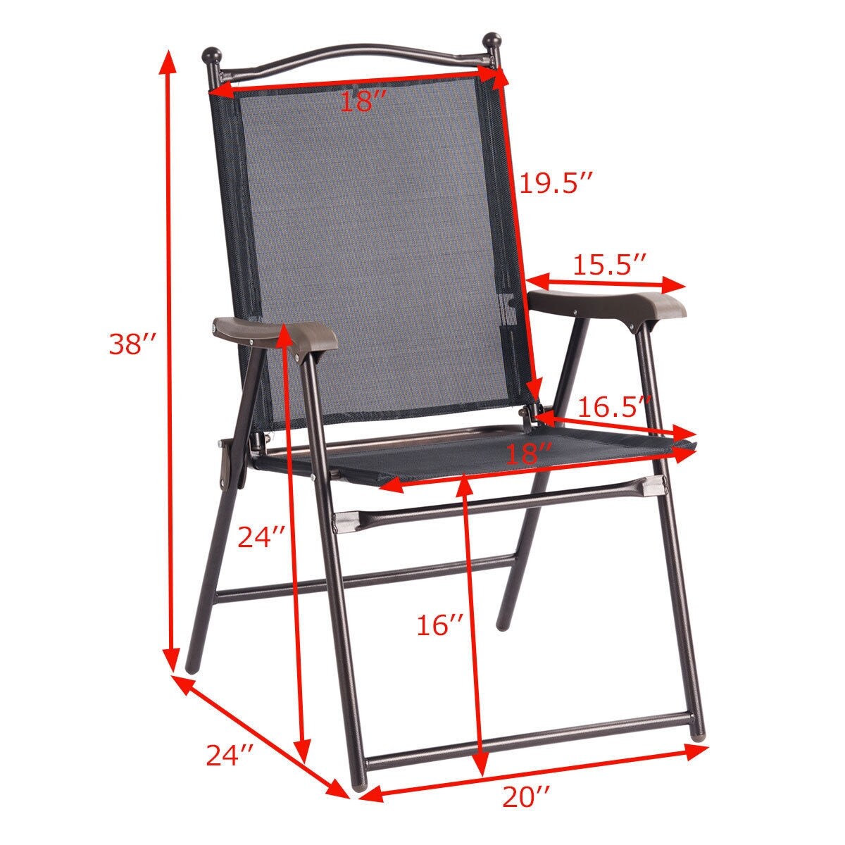 Set of 2 Patio Folding Sling Back Camping Deck Chairs with Steel Tube and Plastic Frame