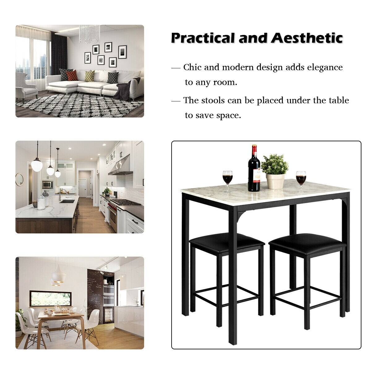 3 Piece Counter Height Dining Set Faux Marble Table