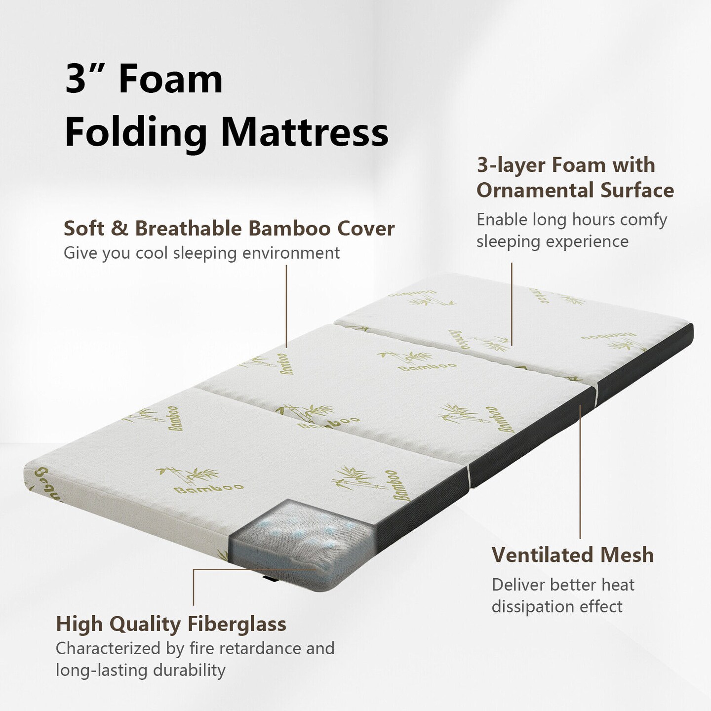 Queen 3 Inch Tri-fold Memory Foam Floor Mattress Topper Portable with Carrying Bag