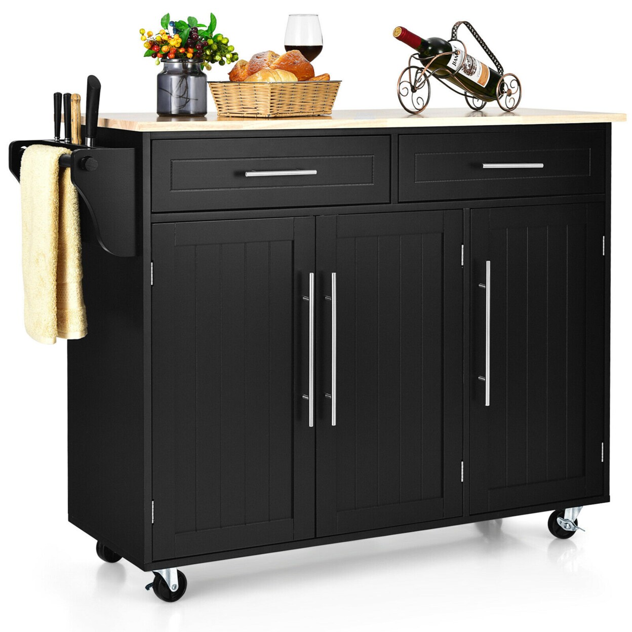 Gymax Kitchen Island Trolley Cart Wood Top Rolling Storage Cabinet w/Knife Block Black