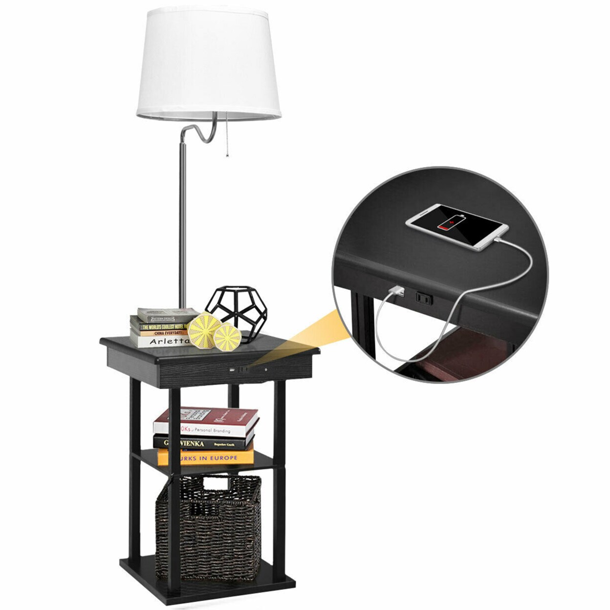 Gymax Floor Lamp End Table Modern Bedside Nightstand Desk w/ USB