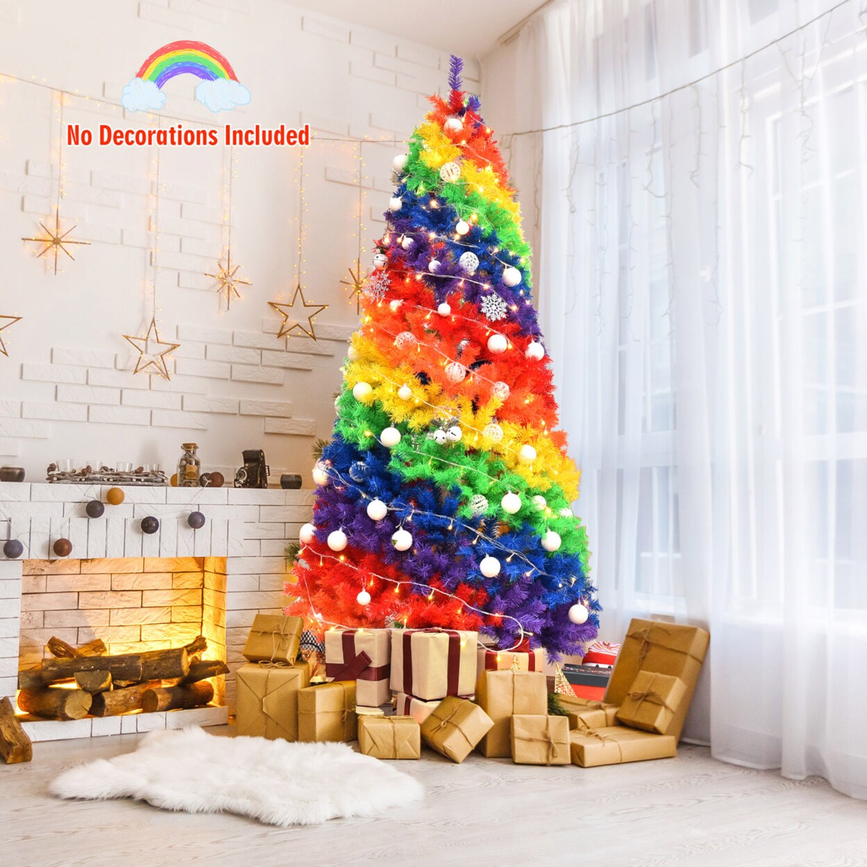 Gymax 7 ft Colorful Rainbow Hinged Christmas Tree Holiday Decor w/ Metal Stand