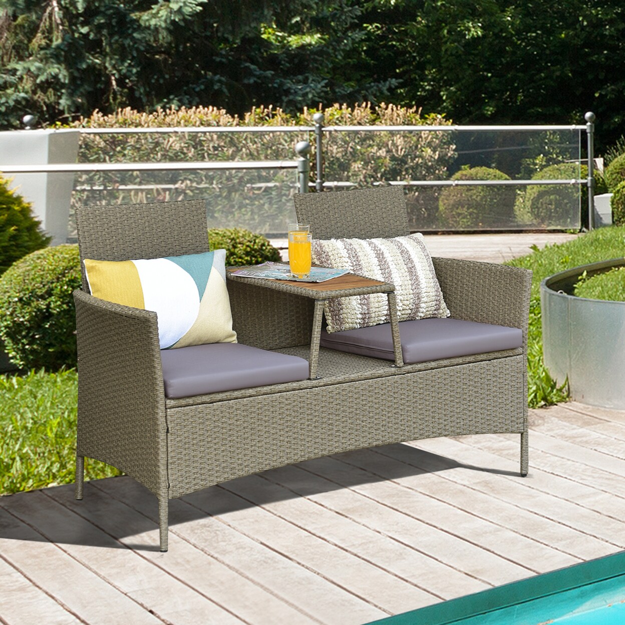 Patio Rattan Loveseat Outdoor 2-Person Conversation Set W/ Built-In Table