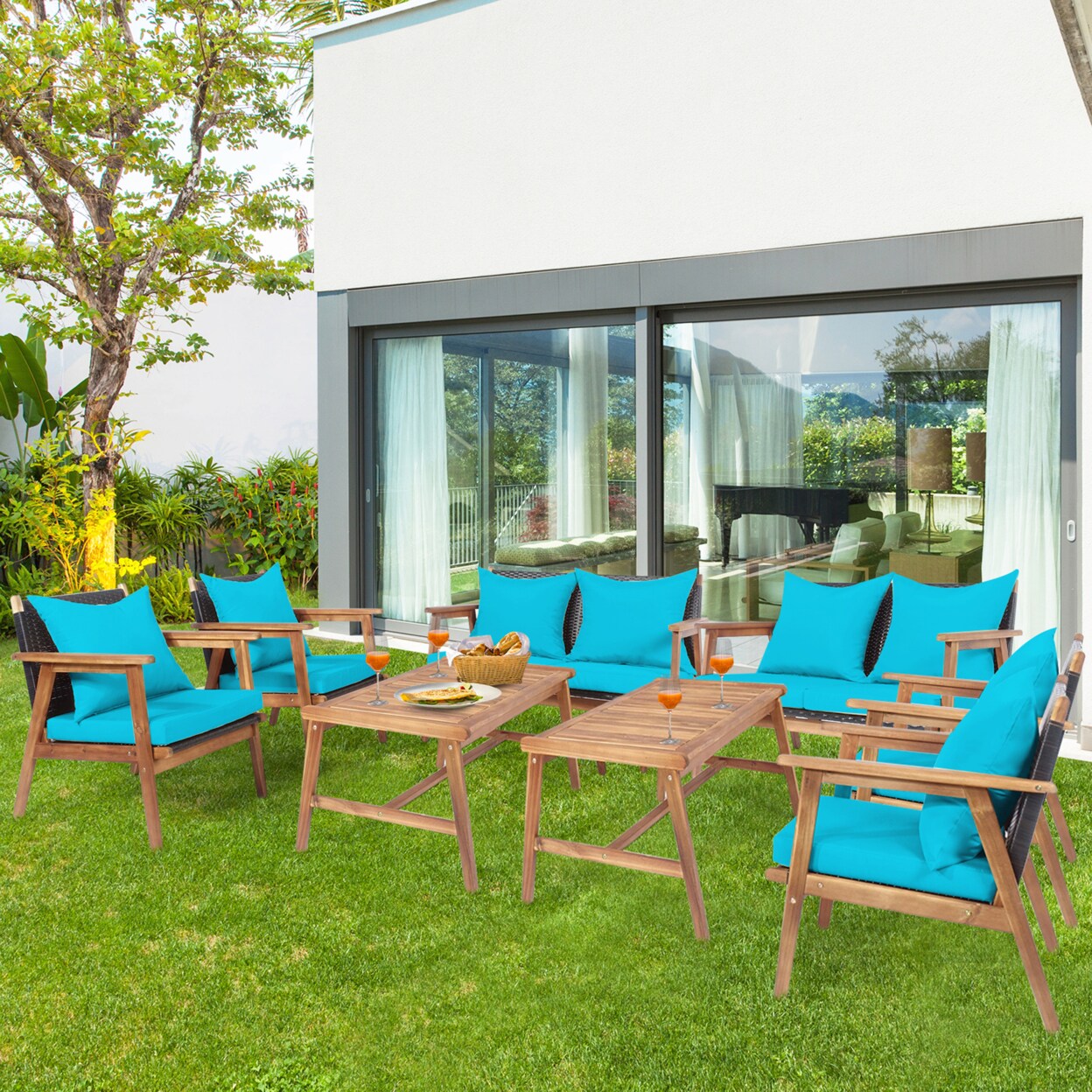 8Pcs Patio Conversation Set Wood Frame Furniture Set W/ Turquoise Cushions