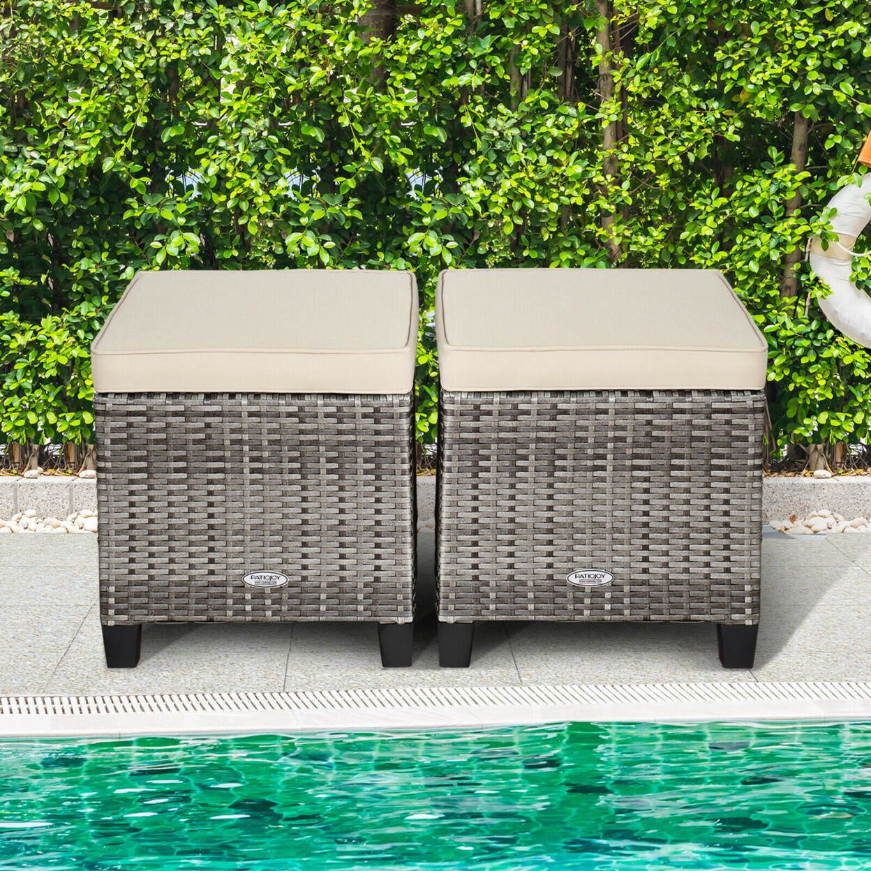 Set Of 2 Rattan Patio Ottoman Footrest Wicker Footstool W/ Beige Cushions