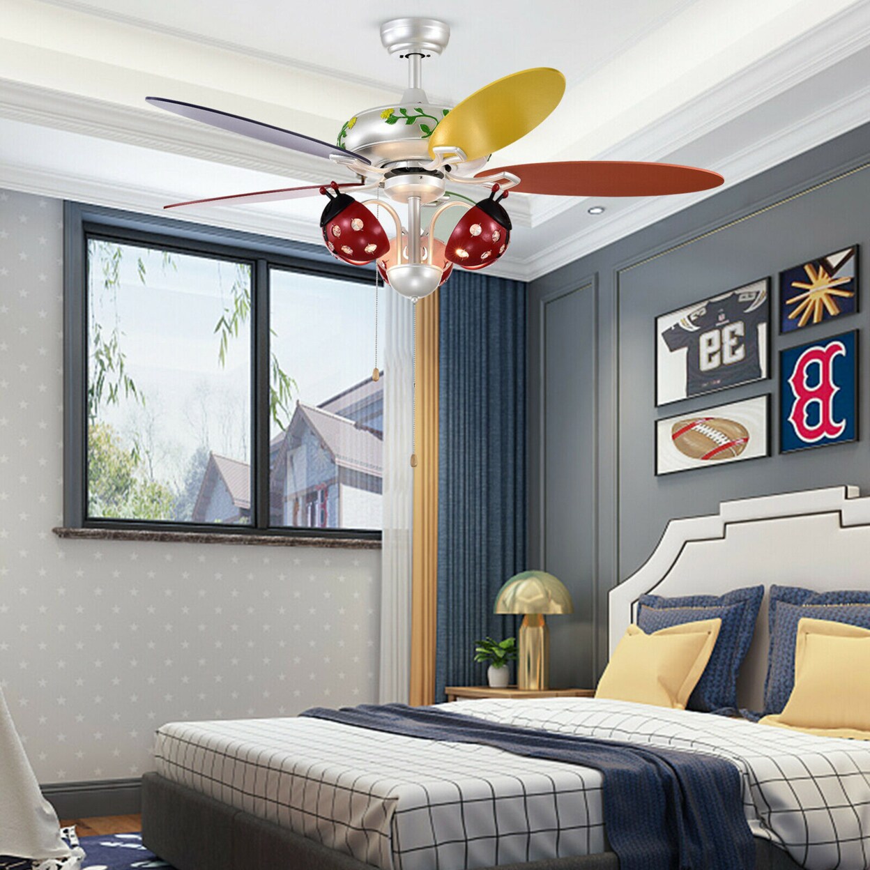 52 Ceiling Fan With Light Kids Fan Light W/Pull Chain Control Beetle Multicolor