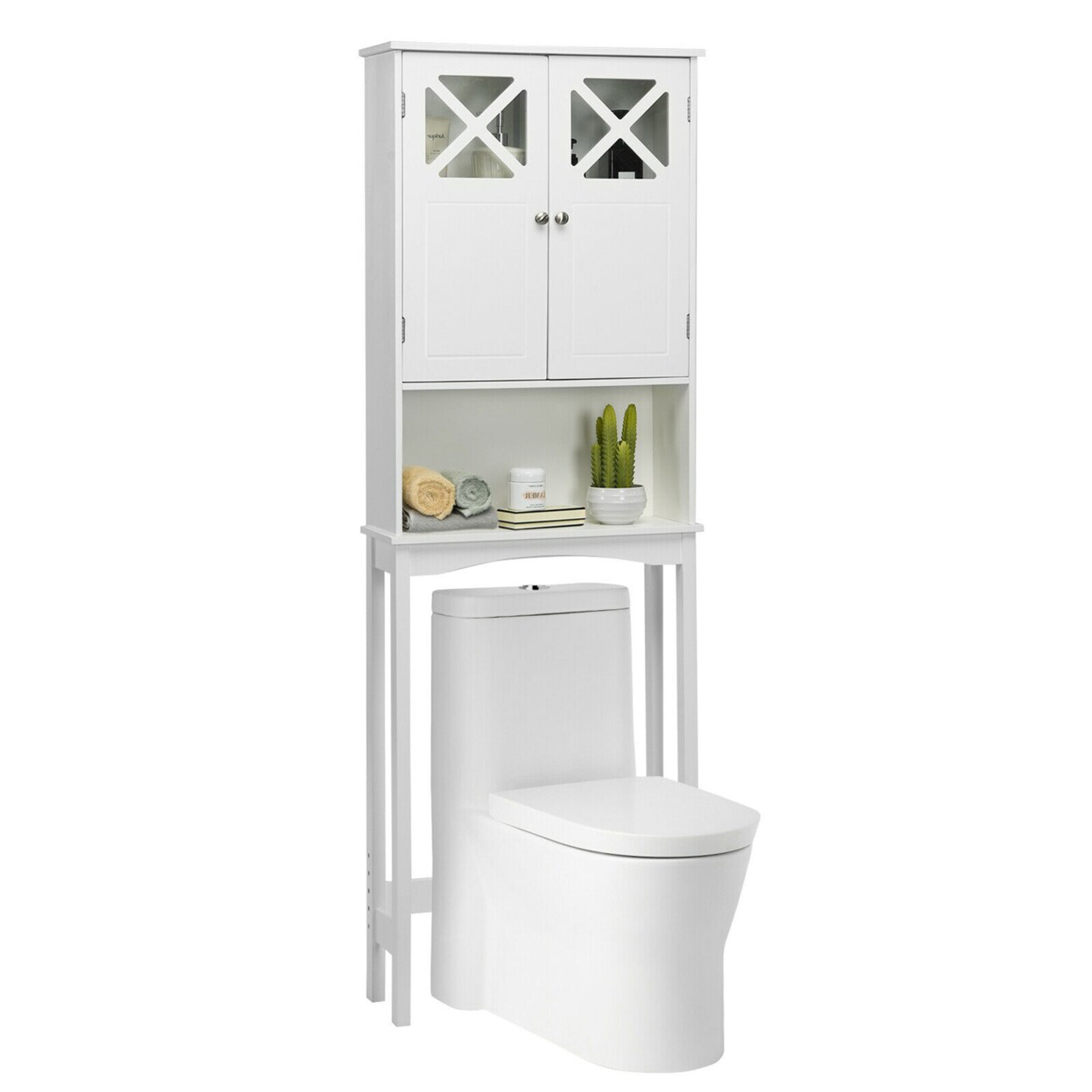 Gymax Bathroom Wood Organizer Shelf Over-the-Toilet Storage Rack w/Cabinet Spacesaver