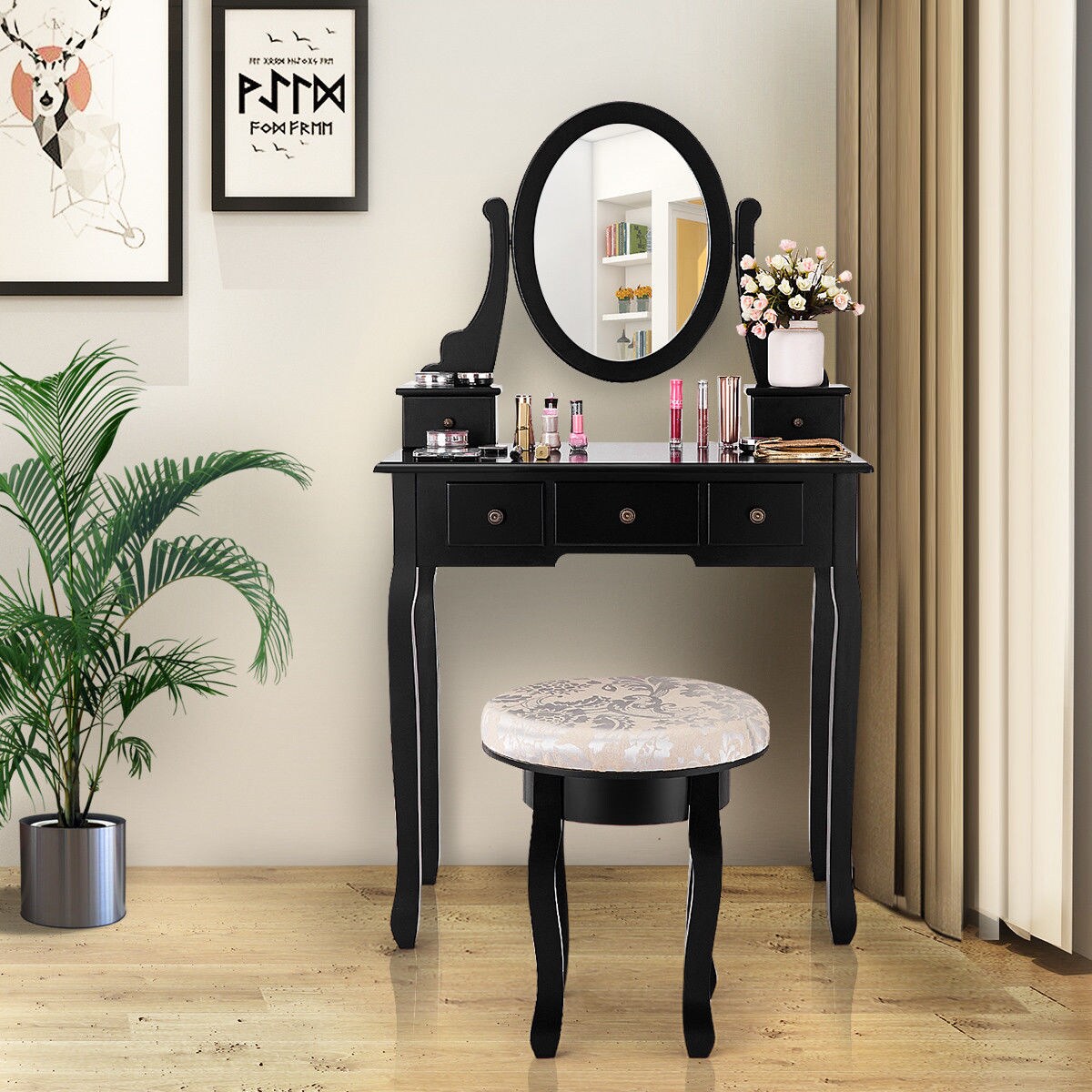 Gymax Black Makeup Table Vanity Table Set Cushioned Stool Mirror 5 Drawers