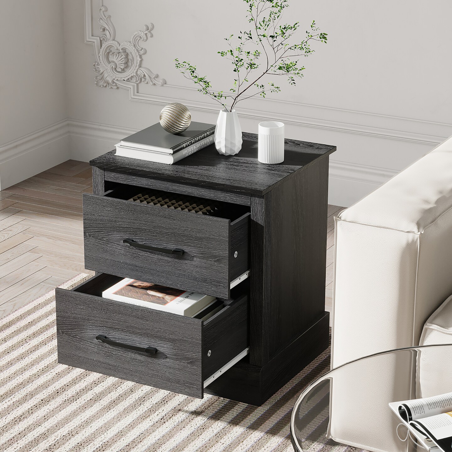 Costway 2 Drawer Nightstand Bedside Table Compact Sofa End Table Dark Grey Oak/Walnut