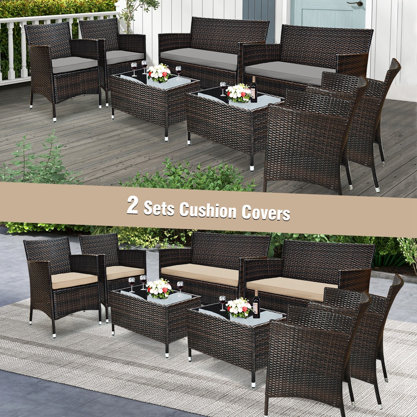 Costway 8PCS Patio Wicker Furniture Set Sofa Chair with Brown &#x26; Red Cushion Covers Garden