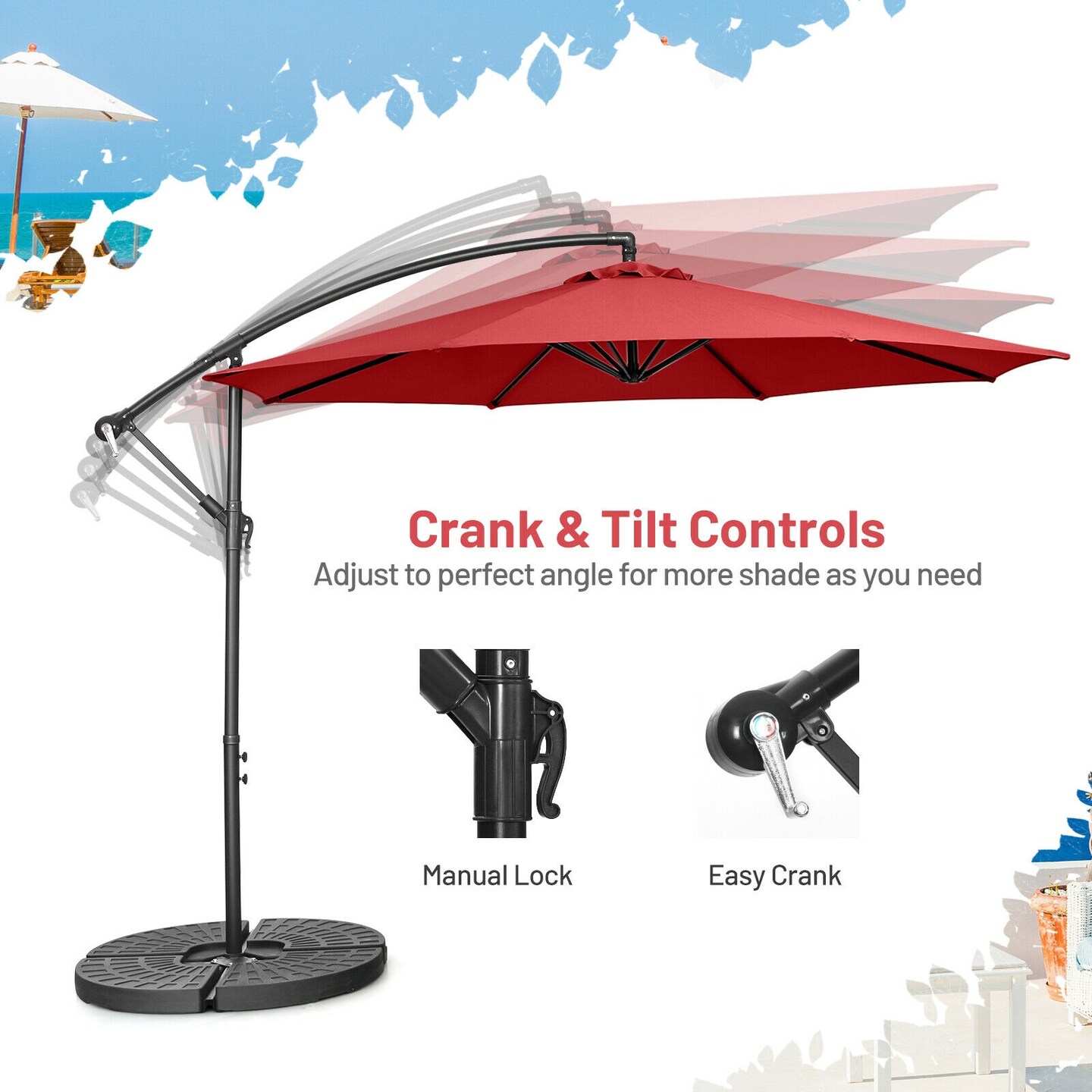 10 Feet Offset Umbrella with 8 Ribs Cantilever and Cross Base Tilt Adjustment