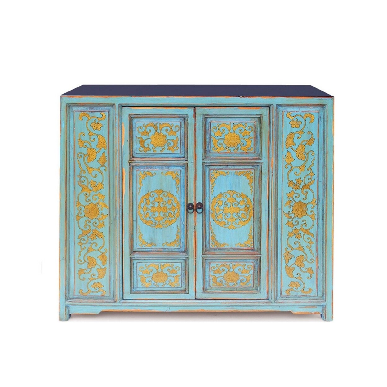 Saltoro Sherpi Florentine 43 Inch Vintage Sideboard Buffet Cabinet, 2 Door, Teal and Gold-
