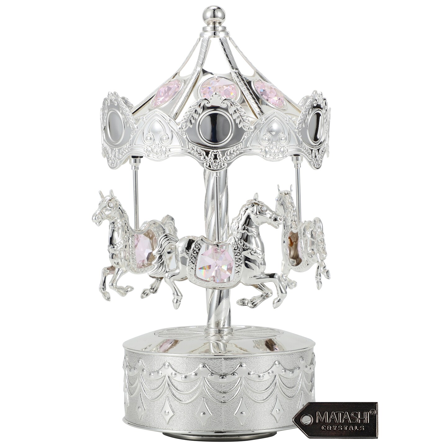 Matashi Silver Plated Music Box With Crystal Studded Silver Carousel With Horses Figurine
