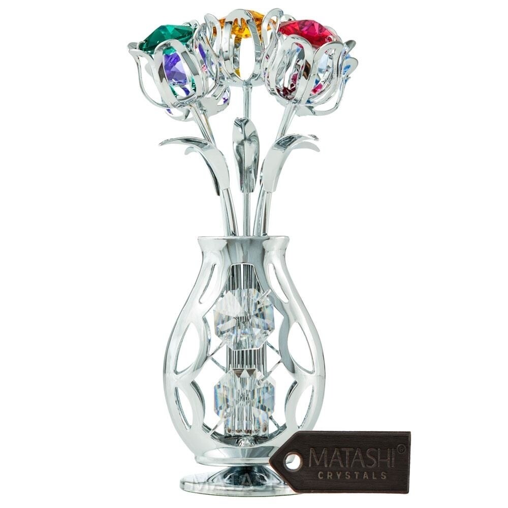 Chrome Plated Flowers Bouquet And Vase W/ Colorful Matashi Crystals Table Top Decorations