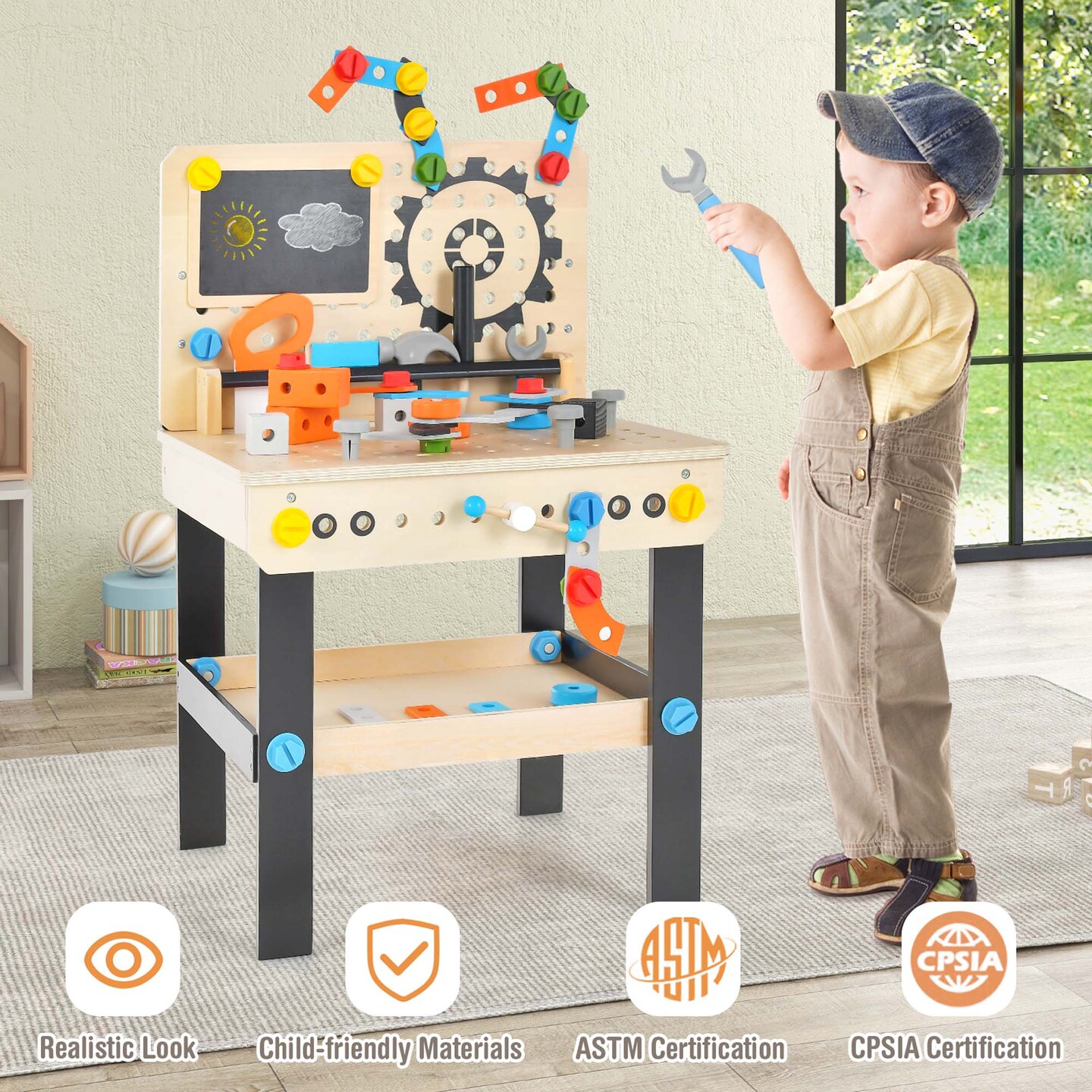 Costway Tool Bench Set for Toddlers Kids Wooden Workbench with 75 Accessories