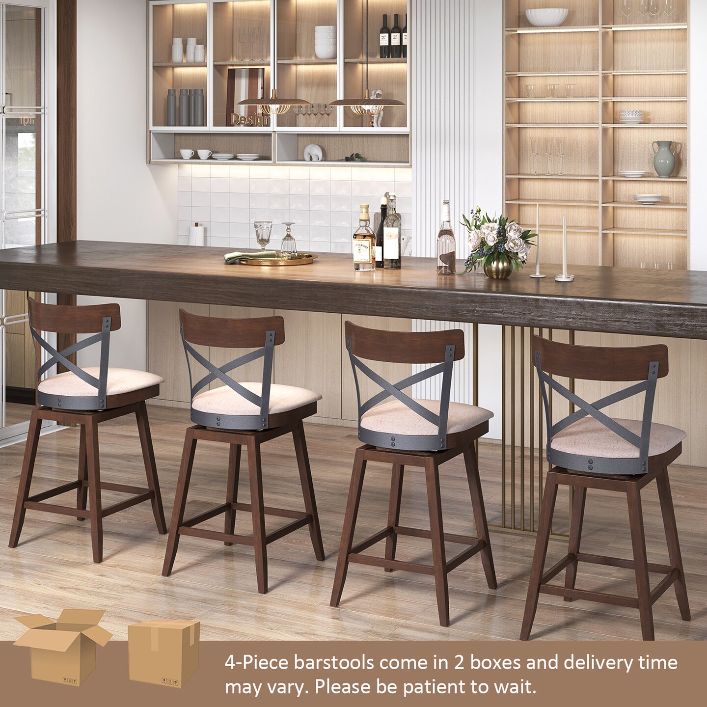Costway Set of 4 Wooden Swivel Bar Stools Upholstered Counter Height Dining Chairs