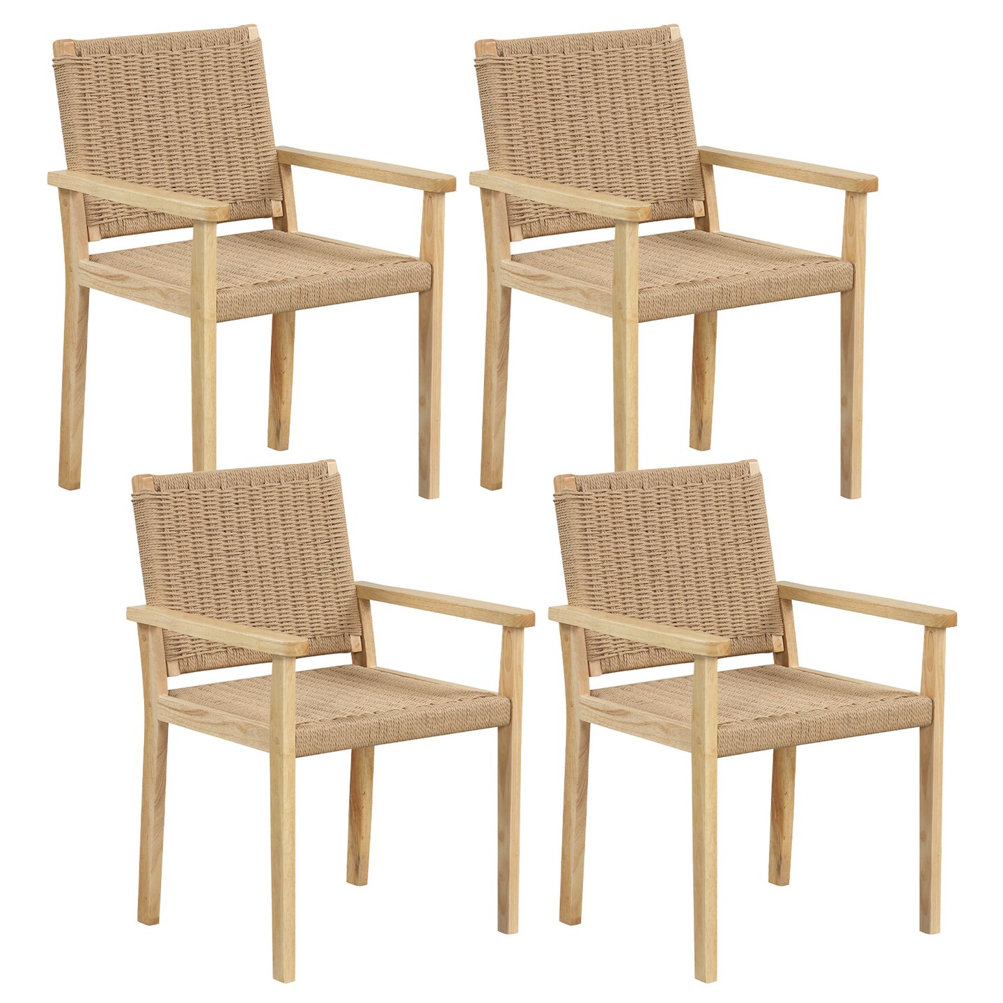 Costway Patio Chair Set of 2/4 Rubber Wood Dining Armchairs Paper Rope Woven Seat Balcony