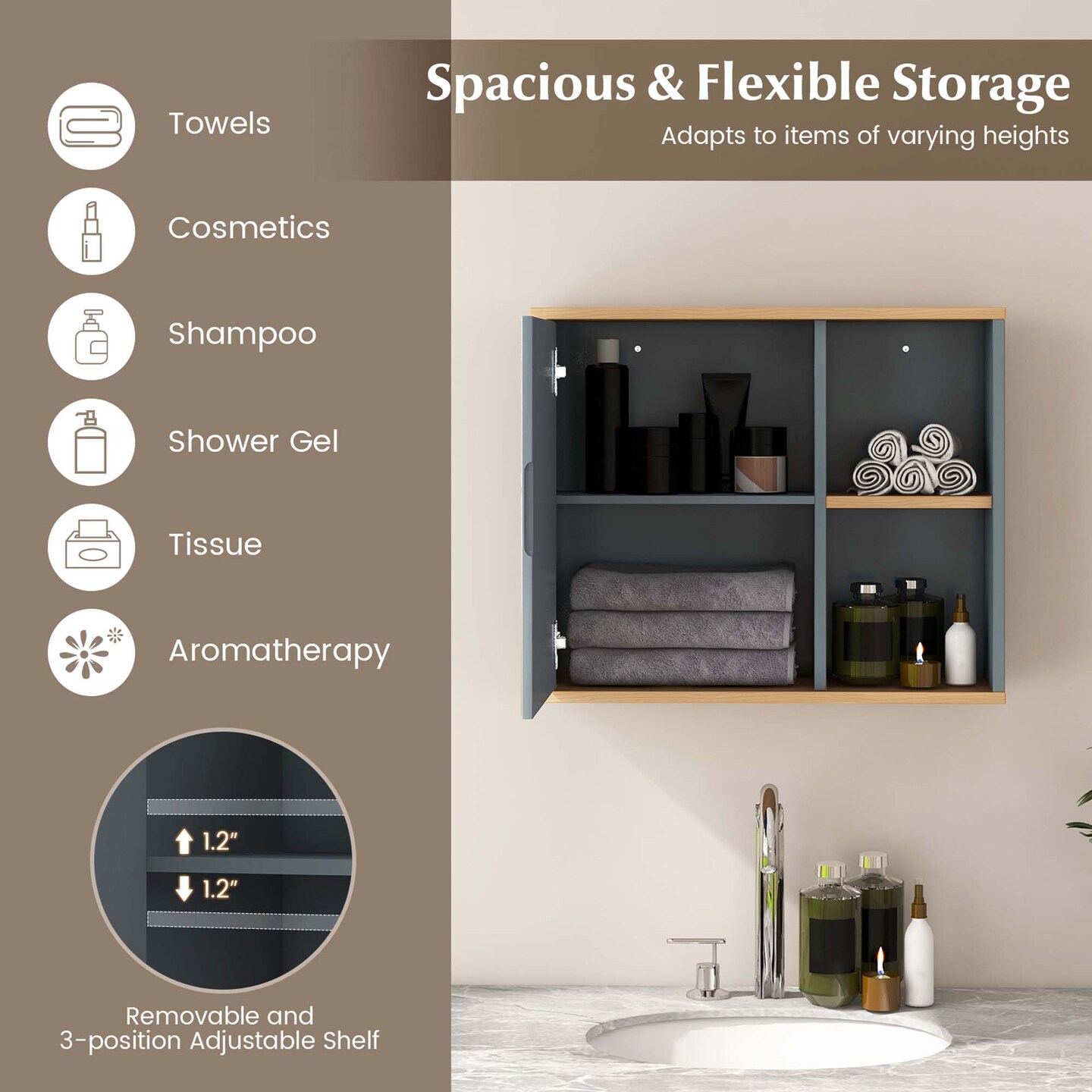 Costway Mirrored Medicine Cabinet Bathroom Wall Mounted with 3-Level Adjustable Shelf Grey