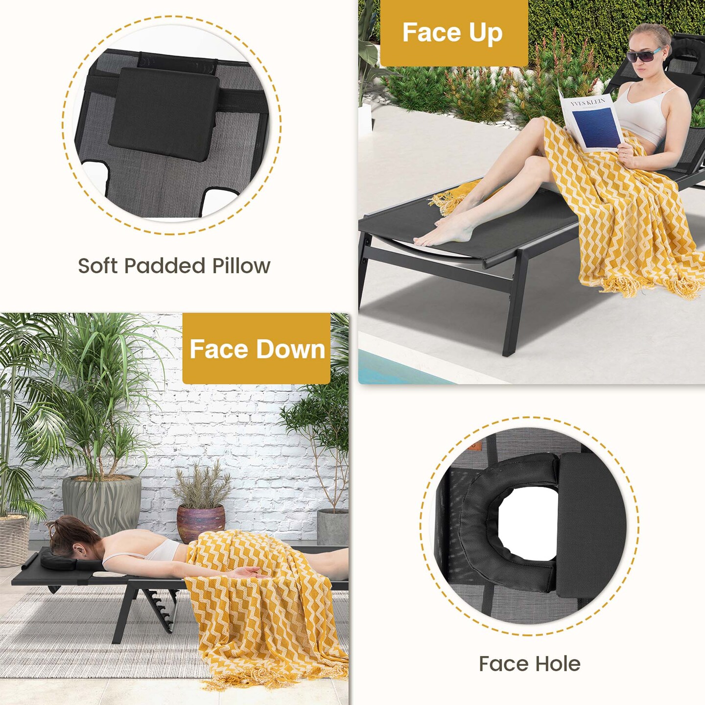 Costway Patio Tanning Lounge Chair 5-Position Outdoor Recliner with Face Hole Poolside