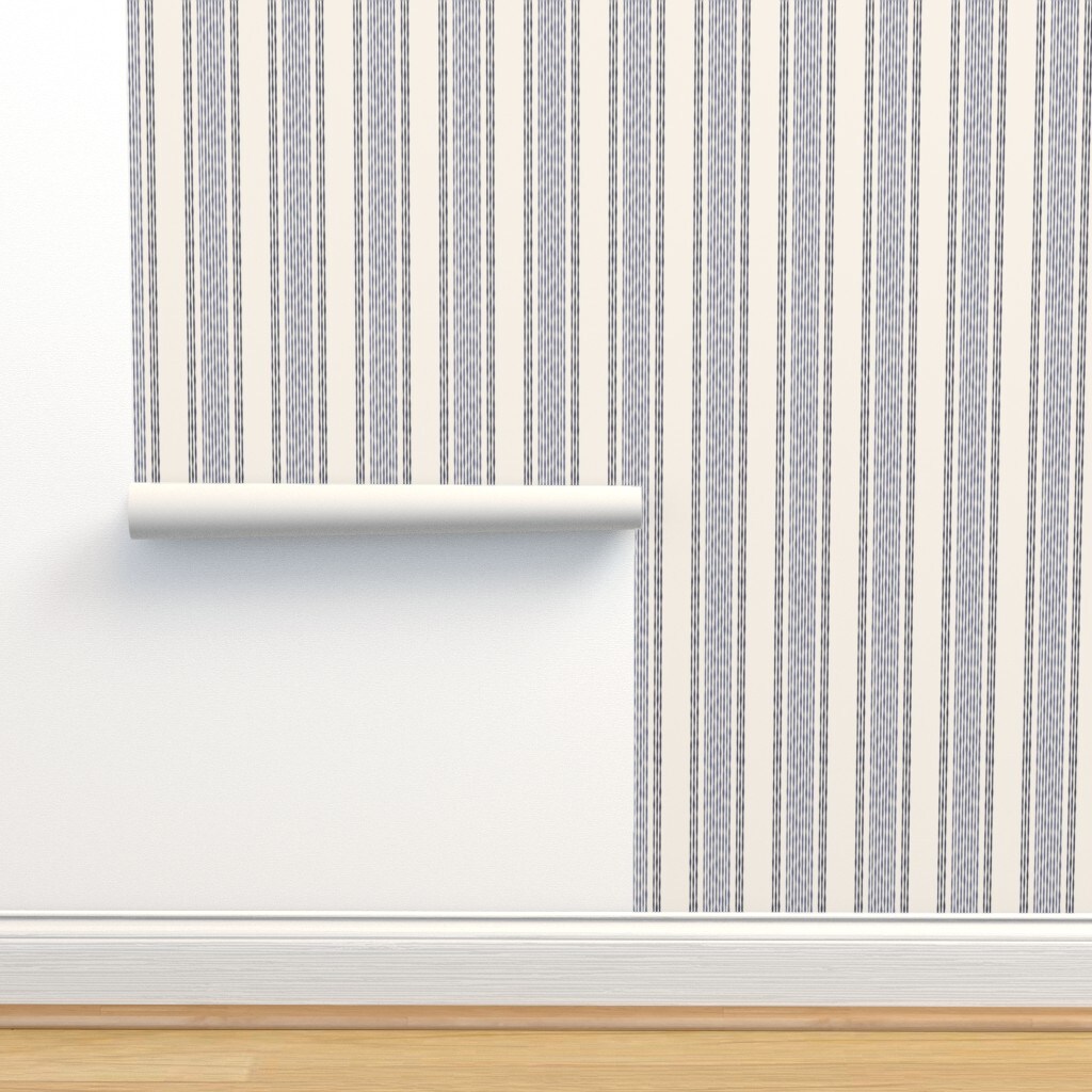 Country Stripe Coastal Rustic Farmhouse Nautical Blue Cream Vertical Line Large Scale Custom Removable Wallpaper by Spoonflower Peel & Stick Wallpaper 2FT Wide