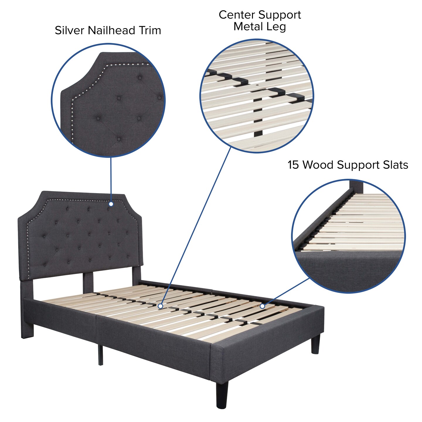 Merrick Lane Provence Platform Bed with Slatted Support Contemporary Tufted Upholstery with Accent Nail Trim