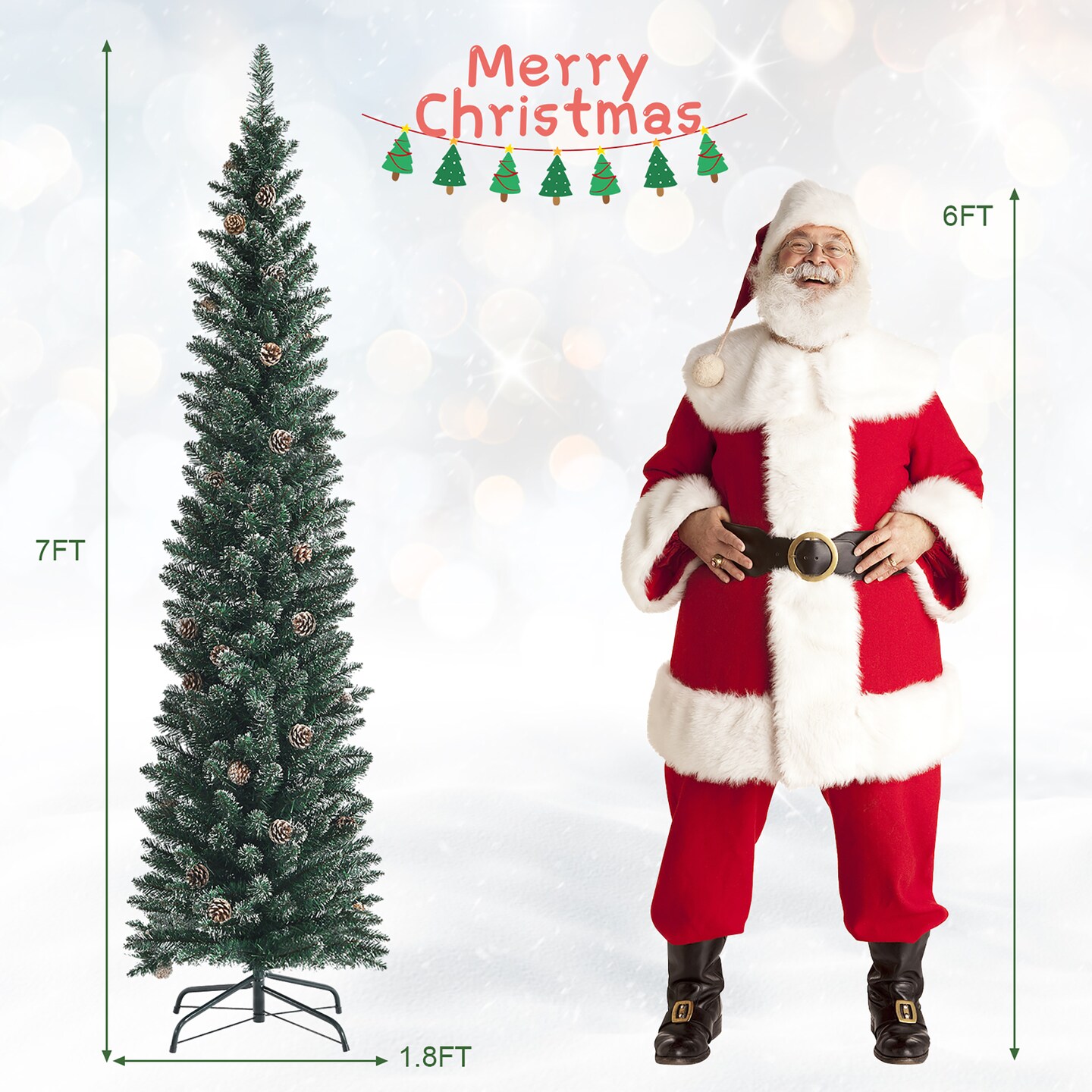 Costway 5ft/6ft/7ft Unlit Snowy PVC Artificial Slim Christmas Pencil Tree with Pine Cones