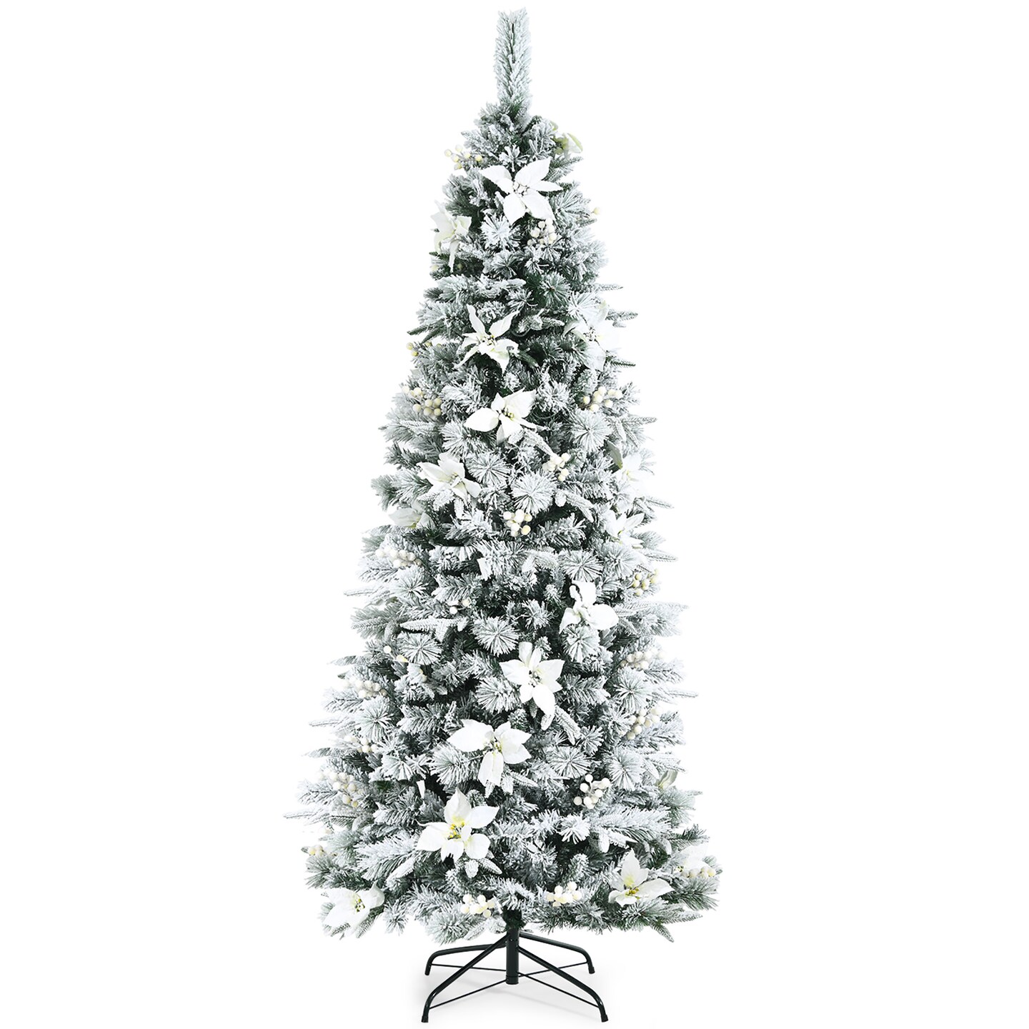 Costway 5ft/6ft/7ft/8ft Snow Flocked Christmas Pencil Tree w/ Berries ...